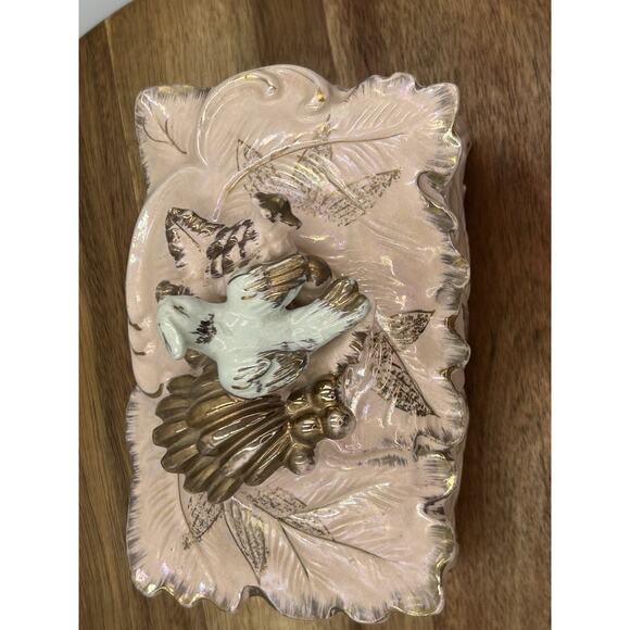 Vintage Ceramic Trinket Box Bird Lid Powder Pink Iridescent Glaze Lead Motif - Picture 3 of 13